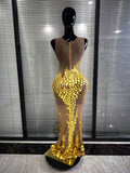 Sparkly Golden Sequiend Women Sleeveless Sexy O-Neck Mesh Bodycon Gowns Dress Elegant Evening Party Celebrity Red Carpet Dress