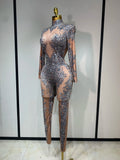 Sparkly Rhinestones Jumpsuit Fashion Sexy Stretch Dance Costume Nightclub Bodysuit Birthday Outfit Evening Party Leggings