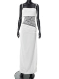 Spring Lace Long Dress Women's Solid Spaghetti Straps Backless See Through Long Dress Sexy High Waist Vintage Dresses