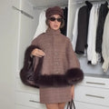Women Plaid Fur Trim Cape Mini Skirt Set High Neck Checkered Shawl Coat Short Skirt Two Piece Outfit 2026 Autumn Elegant Suit