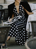 Beach Party Two Piece Set for Women Halter Neck Sleeveless Vest High Waist Polka Dot A Line Midi Skirt Suit Female