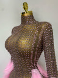 Women Luxury Birthday Dress Rhinestones Mesh Feathers Bodycon Mini Celebrity Evening Club Party Dress Nightclub Stage Outfit