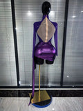 Purple Color Women Long Sleeve Shining Rhinestones Mesh See Through Bodycon Mini Dress Draped Celebrate Nightclub Party Outfit
