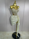 Luxury Shining Pearls Sexy Asymmetrical Skirt Two PCS Set  Women Evening Birthday Party Stage Dancer Performance Costume
