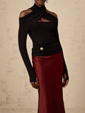 Sexy Off Shoulder Hollow Out Slim T Shirt for Women Halter Long Sleeve Spliced Metal Buckle Temperament Tees Female Fashion