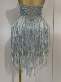 Sparkly Silver Diamonds Tassel Mesh Sheer Bodysuits Eveing Birthday Party Latin Dancer Bar Nightclub Sexy Stage Costume