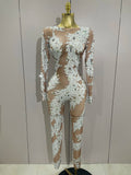 Women Celebrate Nightclub Party Dancer Performance Wear Sexy Stage Costume Crystal High Stretch Bodycon Long Sleeve Jumpsuit