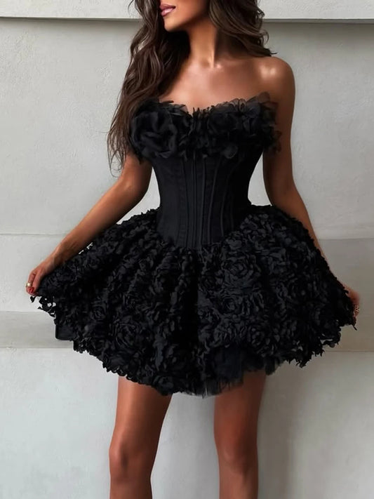 Sexy 3D Floral Mini Dress for Women Sweetheart Neck Sleeveless Fish Bone Tunic Birthday Party Flirty Skirt Female Clothing