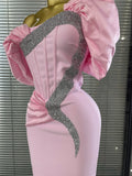 Pink Color Women Sexy Off the Shoulder Puff Sleeve Shining Rhinestones Bodycon Long Bandage Dress Evening Party Cocktail Wear