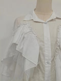 French Office Spliced Ruffled White Shirt for Women Lapel Long Sleeves Temperament Basics Shirts Female Autumn New