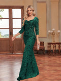 Luxury Evening Dress Women Half Sleeve Mermaid Formal Sequin Prom Maxi Dress Elegant Wedding Party Cocktail Graduation Gown