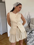 Female Vest Skirt Set Summer Commute Dating Elegant Vest Flower Bud Style Short Skirt Women Suit Solid Sleeveless New Set