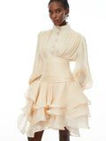 Cream Victorian-inspired Short Dress Women Chic Puff Sleeve Ruched Tiered Waist Cinching Party Dresses 2026 Lady Trendy Vestidos