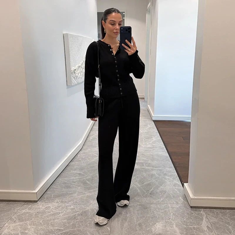 Women's Knitted Pants Two-piece Set Fashion Long Sleeve Single Breasted Sweater Wide-leg Pants Lady 2026 Spring Casual Outfits