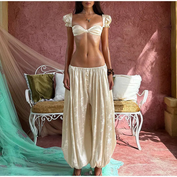 Sexy Jacquard Women's Bikini Top Pants Set Slim Puff Sleeve Lace Up Crop Tops Elastic Waist Lantern Pant 2026 Lady Beach Suits