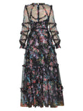 Patchworl Edible Tree Fungus Floral Dresses For Women Round Neck Long Sleeve High Waist Temperament Folds Mesh Dress Female