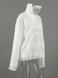 Minimalist Lace Women Jackets Stand Collar Long Sleeve Drawstring Loose Jacket for Street Daily Wear Autumn Fashion