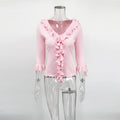 Ruffled Knit Casual Pullover Women's Bow Lace Up V-Neck Solid Slim Commuter T-Shirt Summer New Female Party Vacation Top
