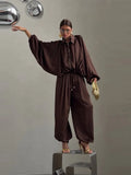 Casual Loose Coats Pants Set Women Full Sleeve Lapel Zippers Solid Coat Long Straight Pleated Pant Sets 2026 Autumn Lady Suit