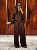 Solid Color Tie Neck Satin Blouse Wide Leg Pants Two Piece Set Long Sleeve Loose Fit 2026 Spring Daily Vacation Women Outfit