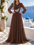 Fashion V Neck Lace Long Puff Sleeve Floor Length Dress for Women Ruched Waist Rhinestone Decoration for Banquet Gala Event