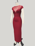 Black Burgundy Sexy Mesh Patchwork Bodycon Midi Bandage Elasticity Dress Women's Basic Fashion Club Party Vestidos