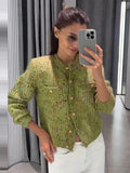 Women Crew Neck Knit Cardigan Single‑Breasted Metal Buttons Long Sleeve Cropped Sweater Coat Pockets Casual Knitwear Outerwear