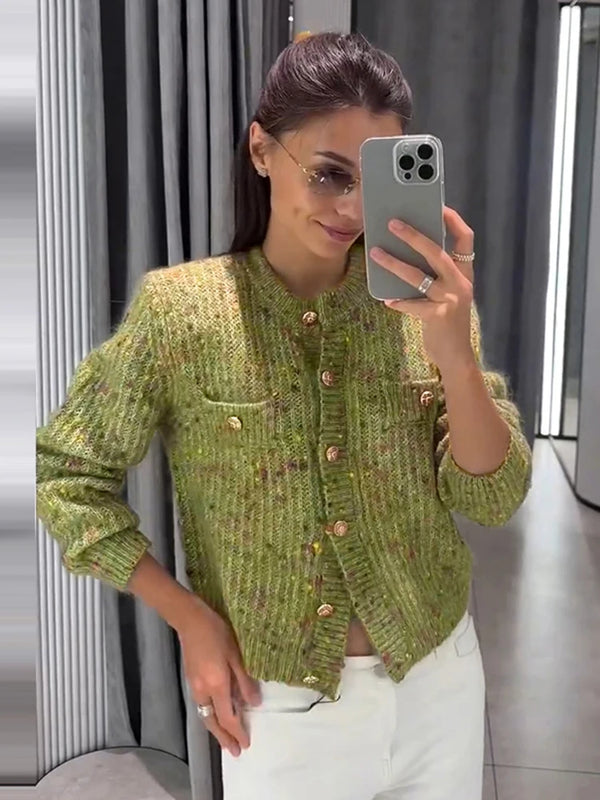 Women Crew Neck Knit Cardigan Single‑Breasted Metal Buttons Long Sleeve Cropped Sweater Coat Pockets Casual Knitwear Outerwear