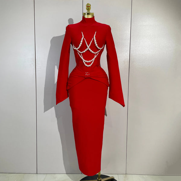 Women Celebrity Evening Party Club Prom Luxury Birthday Dresses Elegant Pearl Beaded Sexy Long Sleeve Bodycon Long Bandage Dres