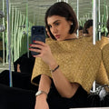 Women Gold Sparkle Capelet Top Elegant Shiny Tweed Shoulder Wrap Turtleneck Short Cloak 2026 Spring Lady Evening Party Outfit