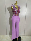 Luxury Sparkly Diamond Feather Embroidery Bandage Jumpsuit Women High Street Elegant Evening Party Club Luxury Birthday Outfit
