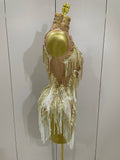 Women Sexy Stretch Mesh Sparkly Rhinestone Tassels Mini Dress Nightclub Singer Dance Stage Costume Evening Gowns
