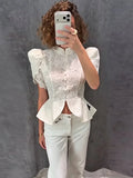 Lace Cutout Peplum Jacket Stand Collar Puff Sleeve Button Front Waist Cinched Outerwear 2026 Summer Fashion Lady Elegant Jacket
