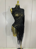 Sparkly Rhinestones Tassel Sexy See-Through Dress Women One Shoulder Latin Dance Outfits Bars Nightclub Party Stage Costume