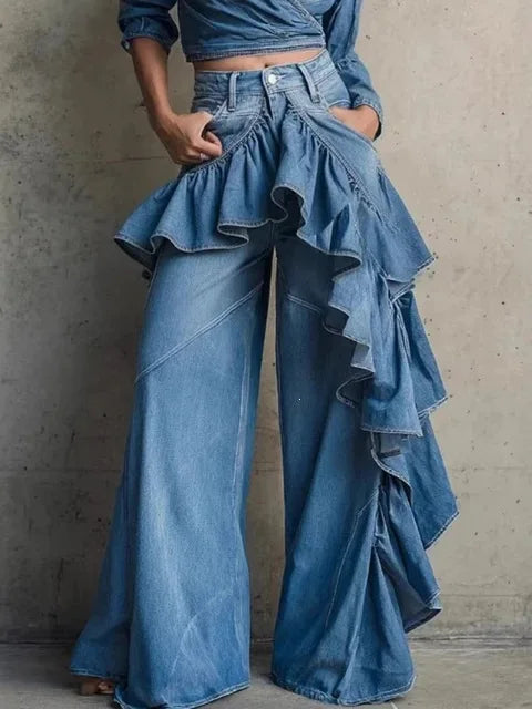 European And American Style Asymmetrical Ruffle Edge Splicing High Waist Wide Leg Jeans For Women Autumn 2026 New