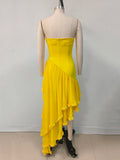 Fashion Yellow Pearl Bead Irregular Draped Dress Women Elegant Strapless High Waist Vestido Summer Lady Club Gowns