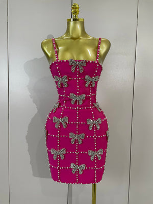 Women Elegant Luxury Bow Diamonds Pearl Club Evening Party Mini Knitted Dresses Sexy Spaghetti Strap Bodycon Bandage Dresses