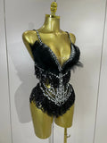 2026 New Sexy Nightclub Bar DJ Performance Dancer Stage Costume Sparkly Rhinestones Feathers Tassels Mesh See Through Bodysuits