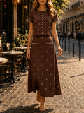 Elegant Beaded Two Piece Set for Women Round Neck Short Sleeve Cropped Top A Line Maxi Skirt for Office Daily Party Suit