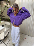 Casual Purple Fleece Jacket Womens Stand Collar Contrast Zip Loose Fit Pockets Coat Fall Winter Sporty Outdoor Streetwear Wear
