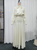 Elegant Chic Apricot Two Piece Set for Women Scarf Collar Puff Sleeve Blouse Midi Waist Flowy Skirt for Office Formal Events