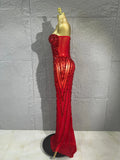 Women Red Strapless Mesh Mermaid Maxi Dress Vertical Red Rhinestone Long Gown Birthday Party Prom Singer Stage Evening Outfit
