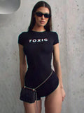 Letter Print Fashion Romper Women Body-Shaping  o-Neck Mini Sleeve Tight Peach Hip Casual Simple Workout Playsuits