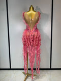 Shining Rhinestone Tassel Mesh See Through Dress Singer Outfit Women Evening Party Brthday Club Stage Performance Outfit