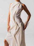 Solid Loose Spliced Folds Chic Dress for Women O Neck Sleeveless Irregular Luxury Dresses Female Summer Fashion New