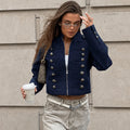 Women Double-Breasted Stand Collar Cropped Jacket Long-Sleeved Solid Zipper Metal Button Fashion Street Coat Autumn Winter