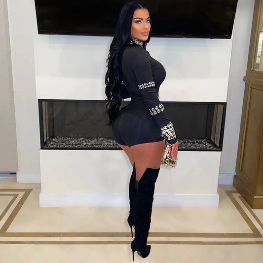 Women One Piece Outfits Bodycon Romper Jumpsuit Sexy Long Sleeve Skinny Club Party Rhinestones Romper Crystal Playsuits