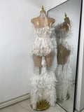 Women Sexy Luxury Rhinestone Mesh Feather Sheer See Through Long Celebrity Birthday Dress Cocktail Nightclub Performance Costume