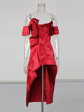 Red Sexy Off Shoulder Ruffle Slim Irregular Long Dress 2026 New Red Fashion Evening Party Trendy Clothing