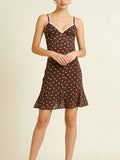 Casual Coffee Polka Dot Two Piece Set for Women Lace Trim Cami Sheer Mesh Ruffled Midi Skirt Set for Vintage Dates